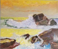 Dunne, Naive Seashore Seascape, Oil on Art Board