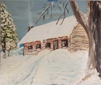 Dunne, Naive Winter Landscape, Log Cabin, Oil