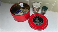 Vintage tin & Glass jars with buttons - lot of 3