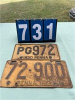 (2) 1921 & 1930 PA License Plates