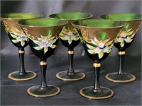 VTG Bohemian Hand Painted Emerald Wine Glasses
