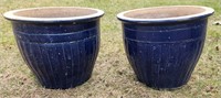 Lot of 2 15" Blue Ceramic Garden Planter Pots