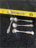 (5) antique, 2 inch silver salt, spoons marked