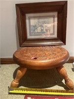 8” X 14” wood stool and framed picture.