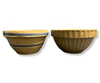 2 Antique Stoneware Bowls Tan / Blue Stripe