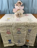 Vintage Baby Quilt, Porcelain Doll, Rattle and