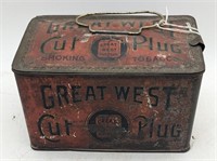 (O) Great West Tobacco metal lunchbox. 8"x4"x5".