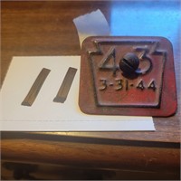 Rare 1943 Vintage Red License Plate Tag