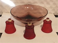 Large Moroccan Amethyst purple glass bowl & 3 red