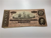 1864 $20 Confederate Note,Good,Small Tear