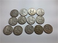 13 Franklin Silver Half Dollars,Different Dates