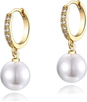 10mm Pearl & White Topaz Huggie Hoop Earrings