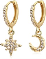 14k Gold-pl .10ct White Topaz Moon & Star Earrings