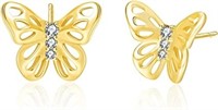 14k Gold-pl .02ct White Topaz Butterfly Earrings