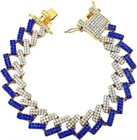 14k Gold-pl Pave Blue & White Topaz Cuban Bracelet