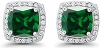 18k Gold-pl. Princess 4.00ct Halo Emerald Earrings