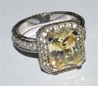 Large Sterling Yellow CZ Dinner Party Ring
