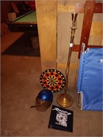 Floor lamp, helmet, & dart board