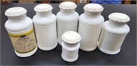 6 Vintage White Milk Glass Apothecary Jars