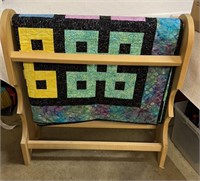 Hand Made Quilt by M. Garvey w/ Wooden Rack