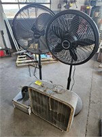 (2) pedestal fans, (1) box fan, metal box, boat