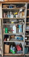 metal shelf with spray paint, carpet cleaner,