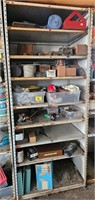 metal shelf with car parts, electrical wiring,