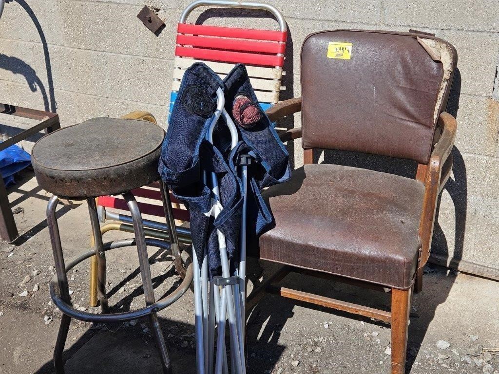lawn chair, vintage chair, stool, and leather