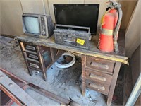 wooden desk with vintage GE TV, Proscan monitor,