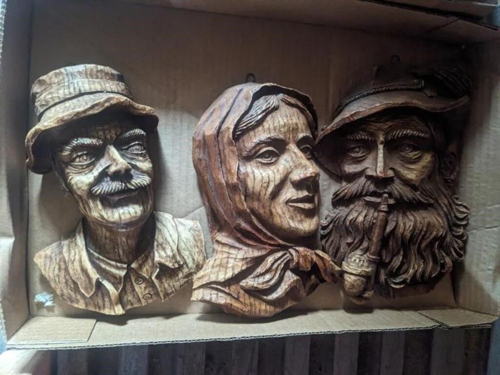 (3) Wall Plaque Faux Wood Carving of Faces