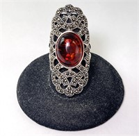 Large Sterling Marcasite/Amber Knuckle Ring 9G S 7