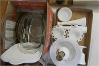 2 boxes glass bakeware and milk glass