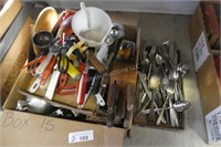 2 boxes kitchen utensils, knives, and flatware
