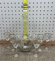 Etched glass decanter & 6 stemware glasses