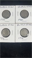 (4) 1936 Buffalo Nickels