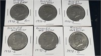 (6) 1972-D Kennedy Half Dollar Coins