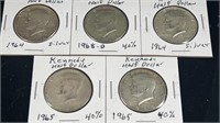 (5) 40% Silver Kennedy Half Dollar Coins