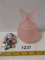 Frosted Pink Trinket Jar Butterfly Lid &