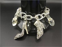 Silver Tone Shoe Charm Bracelet 7.5"