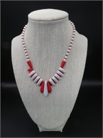 Retro Red & White Beaded Necklace 17"