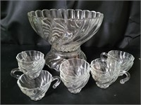 VTG Glass Swirl Punch Bowl, Base & Cups