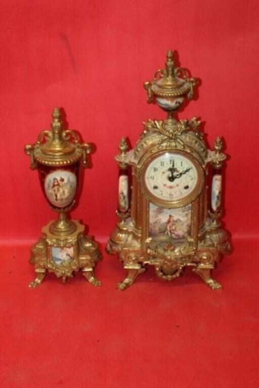 2pc Italian Ceramic & Brass Mantel Clock and Urn