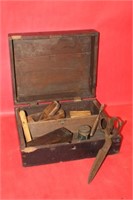 Antique Wooden Box w/ wood plane, shears,