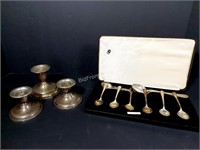 STERLING SPOONS + 3 CANDLE HOLDERS
