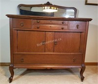 ANTIQUE OAK SIDEBOARD WITH MIRROR BACK