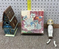 Wood block puzzle, porcelain doll* see pics,