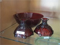 Red bowl and candle holders