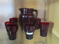 Red glass pitcher and glasses