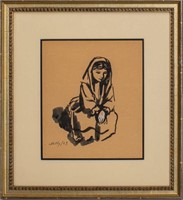 M.G. Signed "Seated Woman" Ink & Gouache on Paper.