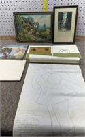 Pictures & Greek theater items & roll of artwork